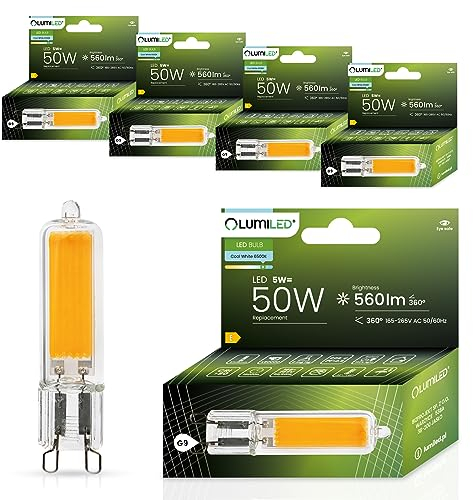 Lumiled LED Lampen G9 5er Set Leuchtmittel 5W (ersetzt 50W Halogenlampe) 6500K Kaltweiß 560lm 360° Lichtwinkel 230V Glühbirnen kleine Birne Energiesparende kein Flackern COB Lichtquelle