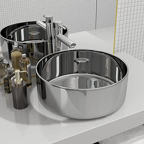 Tidyard Lavandino Bagno d'Appoggio Rotondo in Ceramica Argento,Lavabo Bagno d'Appoggio Rotondo,Lavandino da Cucina,Lavabo da Bagno 40x15 cm