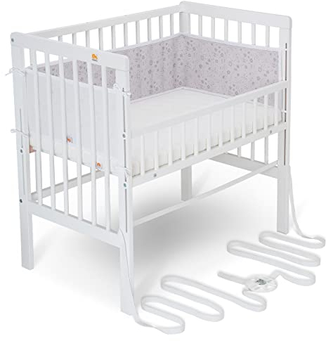 FabiMax Baby Beistellbett für Boxspringbett, TÜV geprüft 2022, inkl. Matratze und Nestchen aus Netzstoff, Buche massiv weiß, Air/graue Blümchen