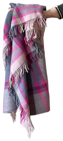 JOWOLLINA Plaid 100 % laine d'agneau - Motif tartan - Rose/gris - 150 x 205 cm