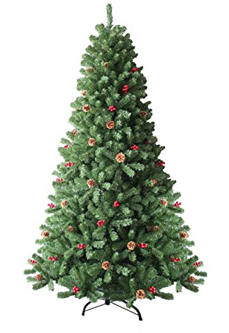 7Ft/2.1m Artificial Christmas Tree Maryland Fir Green Pine Tips Decorated with Red Berries and Pine Cones Xmas Home Decorations Metal Stand
