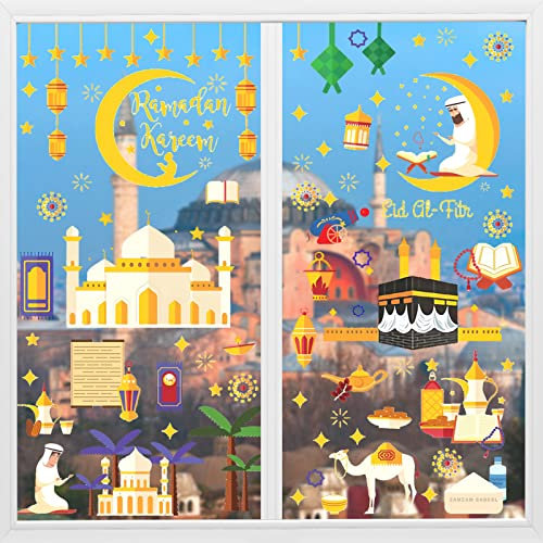 Shinybox Ramadan Fensteraufkleber, 9 Blätter Eid Ramadan Muslim Aufkleber, Ramadan Mubarak Fenstersticker, Stern Halbmond Fenstersticker Eid Mubarak Selbstklebend, Eid Mubarak Dekorationen(B)