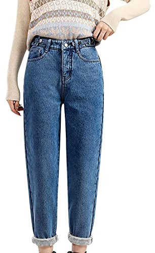 QWUVEDS Women's High Waist Loose Adjustable Waist Thickened Warm Plus Fleece Straight Jeans Girls Clothes Teenager Cheap, a, S