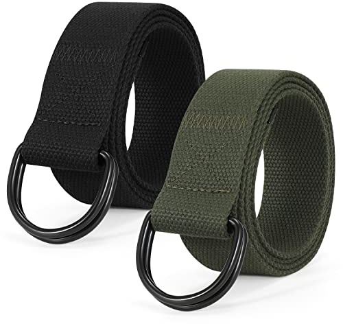 SUOSDEY Paquete de 2 cinturones de lona para hombre con doble anillo en D, cinturón casual duradero y ajustable con hebilla de metal para jeans