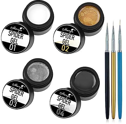 TEEROVA Spider Gel for Nail Art, 4 Colors Elastic Nail Paint Drawing Spider Gel for Line, Nail Art Liner Gel Polish Set with Line Drawing and Painting Pen Tools