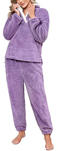TOMEEK Set Pigiama Invernale da Donna Set da Pigiama a Maniche Lunghe in Pile Set da Salotto Morbido Caldo per la Casa con Felpa e Pantaloni,Viola,Taglia XXL