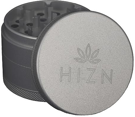 HIZN Keramik Grinder Crusher | ø 63mm | 4-teilig | Haftfrei dank Nanokeramik-Beschichtung | inkl. Beutel, Pollenschaber, Pinsel und Mundstück (Grau)