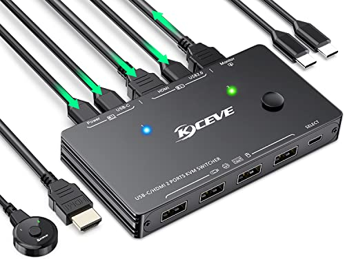 KCEVE - Switch KVM USB-C per 1 computer di tipo C e 1 HDMI, commutatore KVM Type-C supporta 4K a 60Hz, condividendo tastiera, mouse e monitor, supporta la ricarica rapida PD da 87 W
