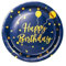 EVYIENEN 50PCS Happy Birthday Party Paper Plates，7inch Disposable Blue and Gold Plates Set，Party Tableware Party Supplies for Birthday Decorations
