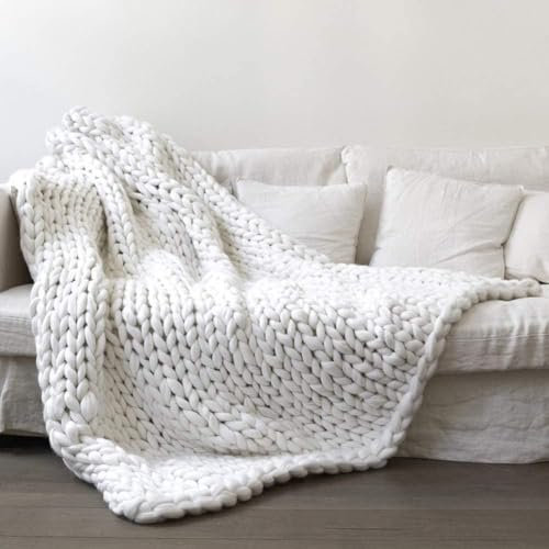 Überwurf, Strick, Grobstrick, große Strickdecke, Sofadecke aus Wolle, grob, handgewebt, Wolle, grob gestrickt (weiß, 100 x 80 cm)