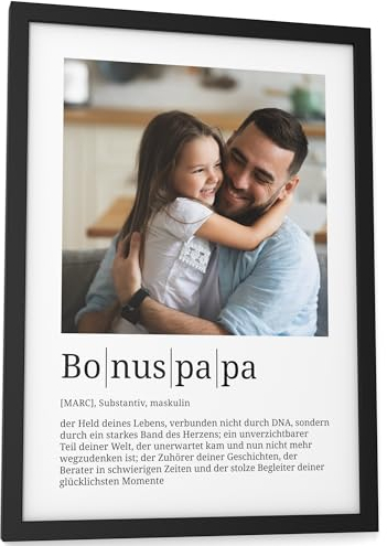 Papierschmiede® Personalisierte Geschenke Bonuspapa, Definition mit Foto in DIN A4 (21x30 cm) Rahmen wählbar fertig gerahmt, Persönliches Bild Geschenk für Stiefvater zum Vatertag, Geburtstag