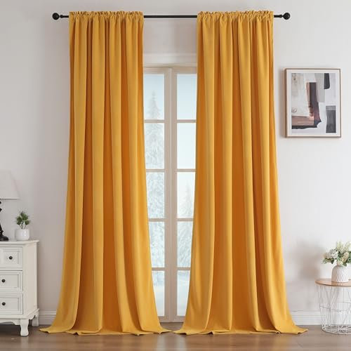 Joydeco Wohnzimmer Samt Gardinen 2er Set H 225 x B 132 Senfgelb Elegant Samtvorhang Verdunklungsvorhänge Thermovorhang Kälteschutz Blickdicht Schlafzimmer