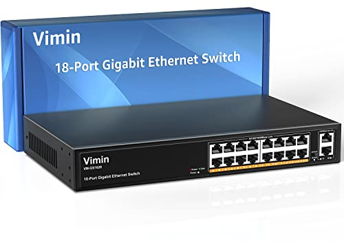 VIMIN 16-Port Gigabit Ethernet Switch mit 2X 1000 Mbit/s Uplink-Ports mit 1000 Mbit/s, 18-Port unmanaged Network Switch unterstützt IEEE802.3af/at, VLAN, Metallgehäuse, Desktop & 19-inch Rackmontage