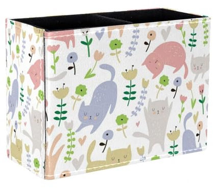 Eslifey Pot à crayons carré pour bureau, joli motif chat et fleurs, pot à stylos, pinceaux de maquillage, organisateur de papeterie pour la maison, le bureau, l'école