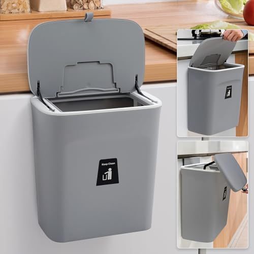 Warmiehomy Kitchen Cupboard Bin with Lid 9L Wall Mounted Trash Bin with Pressure Ring Hanging Waste Rubbish Bin with Sliding Cover for Cupboard, Bathroom, Grey