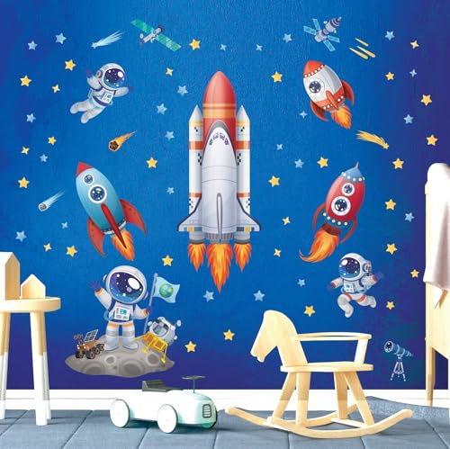 DECOWALL SG2-2416 Raketen und Astronauten Wandtattoo Weltraum Wandaufkleber Kinderzimmer Wohnkultur Kinder Baby Jungen Schlafzimmer Spielzimmer Dunkle Sterne Mond Planeten