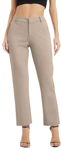 EXCHIC Femmes Commercial Jambes Droites Elastique Taille Pantalon Décontractés Confort Pantalons avec Poches(S, Café Léger)