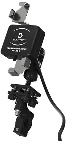 Cliff Top Motorcycle Phone Mount and Holder with 15W Wireless Charger and 18W USB-C Charger – Anti-Vibration Phone Holder for Motorcycle Handlebars and Rear Mirror (For 22-25.4mm Handlebar)