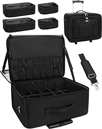17.7 Rolling Makeup Train Case, Extra Large Cosmetic Organiser Trolley Professional Makeup Artist Bag Portable Travel Makeup Box, Beauty Case on Wheels with Adjustable Dividers (Black, 45cm)