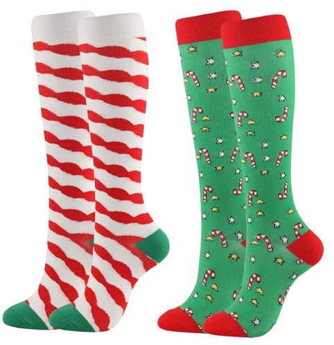 JK Home Lot de 2 Noël Chaussettes de Contention pour Femme Homme Chaussette de Compression Déguisement Respirant Motif Drôle Béquilles Rayure L
