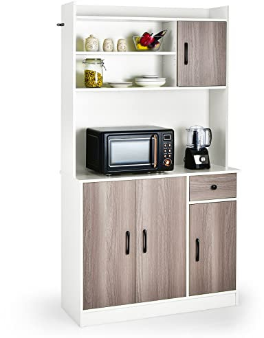 COSTWAY Alacena de Cocina, Armario Aparador con Estación de Carga Integrada, Gabinete Independiente con Encimera para Microondas, Cajón, 4 Estantes Ajustables (Blanco, 40 x 100 x 180 cm)