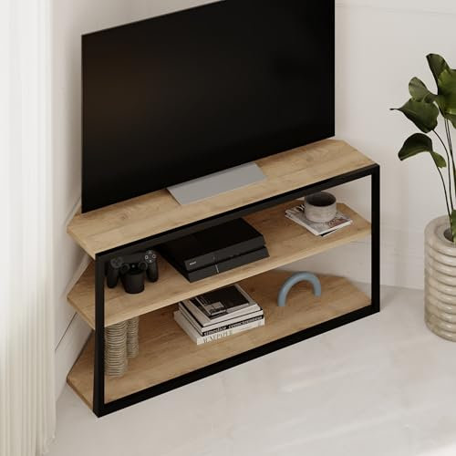 HOCUS PICUS Modern Corner TV Stand for TVs up to 43 Inches, TV Cabinet Entertainment Center with Storage Shelf, Metal Frame, Particleboard TV Unit for Living Room Bedroom (Oak)