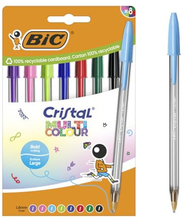BIC Cristal Multicolour Stylos-bille Pointe Large (1,6 mm) - Encres classiques et fantaisie de couleurs assorties, pack de 8