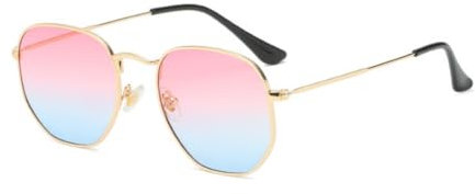 qinqilanqi-S Lunettes de soleil polygonales tendance pour homme et femme, verres classiques super légers avec cadre en métal, protection UV, Dégradé de couleur doré/bleu rose