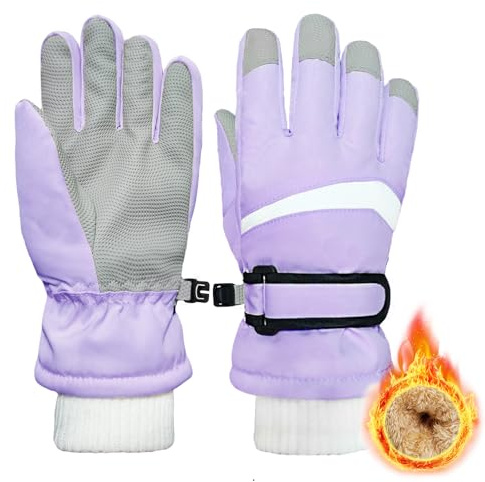 lifwimner Kids Winter Snow Ski Gloves for Boys Girls Children Snowboard Waterproof Thermal Fleece Gloves for Cold Weather(Purple, M)
