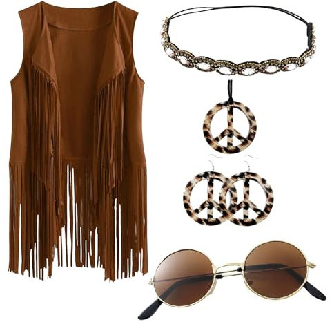 70er Jahre Hippie Outfit Damen Set mit Fransenweste, Faschingskostüme Frauen Braun, Indianer Kostüm Cowboy Cowgirl Weste Und Schlaghose Karneval Kleidung Damen Accessoires Bekleidung Disco Party