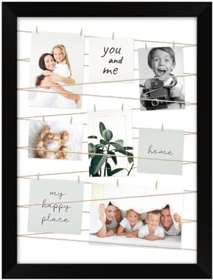 KNOR Clip-Fotohalter, Fotowand zum Anbringen von Fotos, Fotohalter Fotorahmen Bilder Rahmen Galerie, mit 20 Kleinen Holzklammern (Schwarz, 50x70 cm)