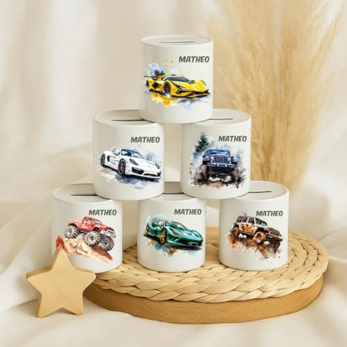 Personalisierte Spardose mit Namen – Auto Motiv für Kinder – Monstertruck, Rennauto & Geländewagen – Kinder Spardose Keramik – Geschenk zur Taufe & Geburt – Sparschwein Kinder – Taufgeschenk Junge