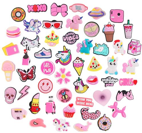 53PCS Pins pour Crocs Shoe Charms Accessoire Enfant Femme Homme Breloque Decoration Clips Charme Pin's Rose Pince Charm Bijoux Chaussures Sabots Sandales Dessin Animé Cute PVC D'anniversaire Cadeaux