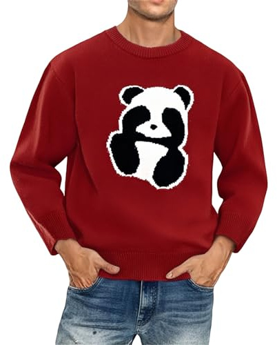Generisch Men's Sweatshirt Without Hood Panda Jacquard Crew Neck Pullover Men Animal Motifs Sweater Soft Fabric Comfortable Tops Vintage Contrast Colour Outdoor Sweatshirts, Wine Red, XXL