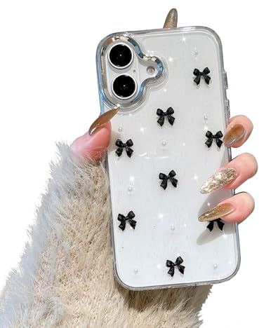 EYZUTAK Handyhülle für iPhone 17, Funkelnde 3D Bowknot Telefon Hülle Nette Glitzend Kristall Klare Schleife Design Case Schlank Weich TPU Transparente Schutzhülle - Schwarze Schleife
