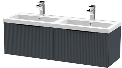 Balterley Vanity Unit with Basin Wall Hung, 2 Drawer Soft Close with 2 Rectangular Sink and Handles, Bathroom Vanity Units with Basin, Fluted Front Sink Cabinet - 1205 x 383 x 399mm (Dark Grey)
