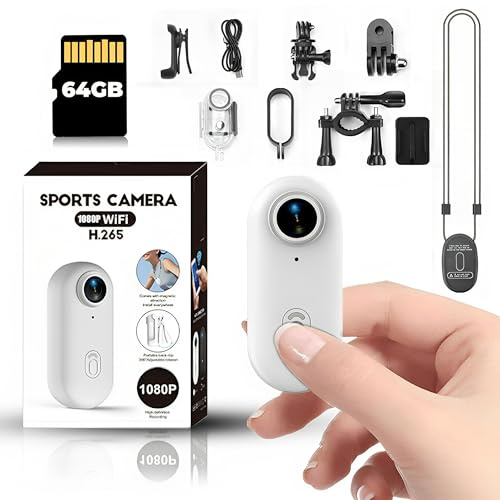 Winnes Mini Action Cam WIFI Magnetic Clip-On Action Camera Portatile Videocamera Fotocamera Sportiva Pollice Telecamera HD 1080P 120° Wide-Angle IP68 Impermeabile 30 Metri,Scheda 64GB Inclusa,Bianco