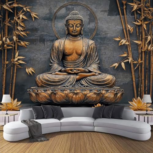 ANALTIRCE Mural Wallpaper Buddha Statue Bamboo Lotus Non-Woven Art Zen Sculpture Plants Print Wall Mural Decoration Poster Picture, Modern Living Room Bedroom Wall Wallpaper 300×210cm