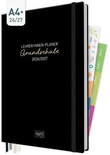 Häfft Lehrerplaner Grundschule 2026/2027 A4+ Black Edition | Lehrerkalender mit schönem Hardcover für 12 Monate (Aug 26 - Jul 27) Lehrerkalender & Unterrichtsplaner für Klasse 1–4