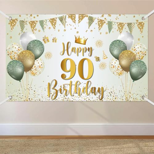 90. Geburtstag Banner, Banner 90 Geburtstag Frau Grün Gold, 180x110cm | Extra Große 90 Hintergrund Banners, Geburtstagsbanner 90. für Frauen Männer Party Geburtstagsdeko