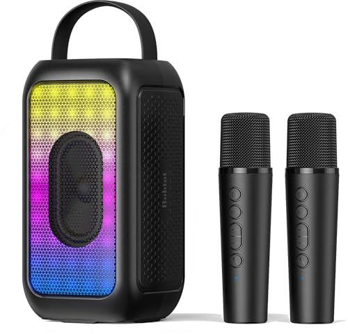 Bobtot Portable Bluetooth Speaker with 2 Wireless Microphones, Black | Wireless Speakers Singing Machine with 16H Playtime, Magic Sound, Echo, EQ Mode, Loud Stereo, Deep Bass, RGB