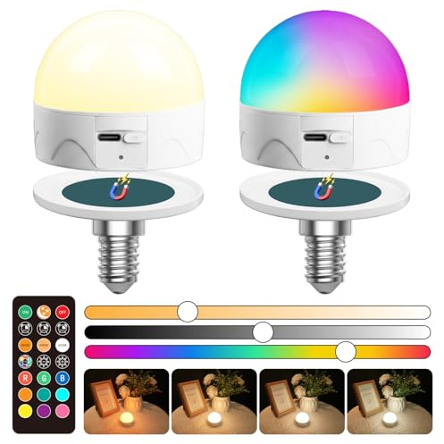 TobeBright E14 LED Wiederaufladbare Glühbirne mit Fernbedienung, RGB 3 Farbtemperaturen+Warmweiß1800K Dimmbar, USB-C mit Akku E14 Birne, für Camping, Nachttisch und Notlicht(2 Stück)