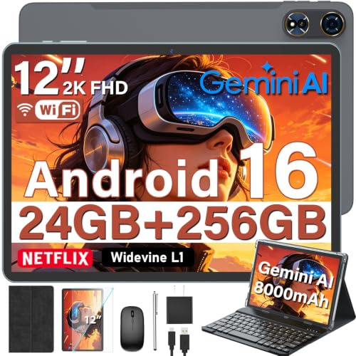 Tablet Android 16 da 12 pollici 2026 con tastiera, 24 GB+256 GB+2 TB espandibile, tablet PC 2K con Gemini AI, Octa-Core, 8000 mAh, 120 Hz 2000 x 1200, GPS, GMS, tablet grandi 2 in 1 con custodia