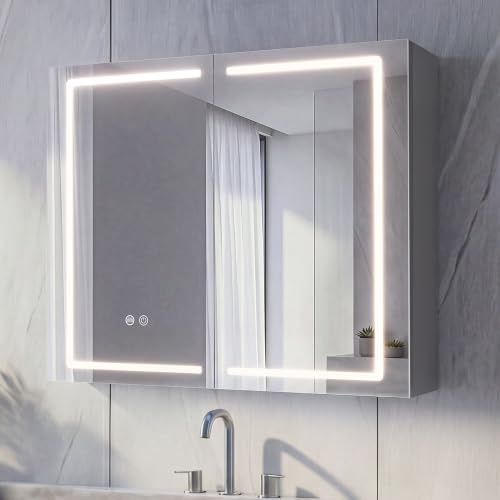 NeoArt Spiegelschrank Bad mit Beleuchtung Vormontiert 80x70x14cm Steingrau | 3 Farbtemperaturen dimmbar & verstellbare Böden, komplett vormontiert mit Steckdose (EU), Type-C & USB, Antibeschlag & IP44