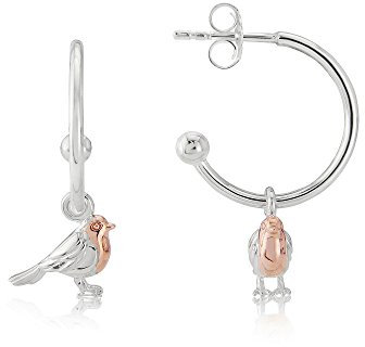 Solid 925 Sterling Silver Robin Bird Hoop Earrings with 14ct Rose Gold Breast
