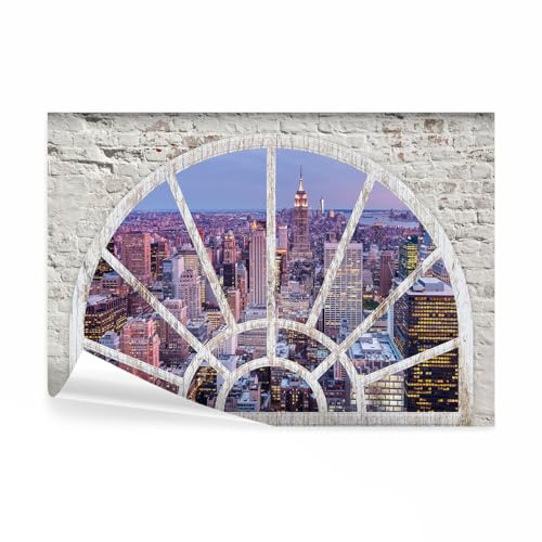 decomonkey Fototapete New York, 150x105 cm, XL, Skyline Stadt Fensterblick | Steinwand, Tapete, Wandbild, Bild, Fototapeten, Tapeten, Wandtapete