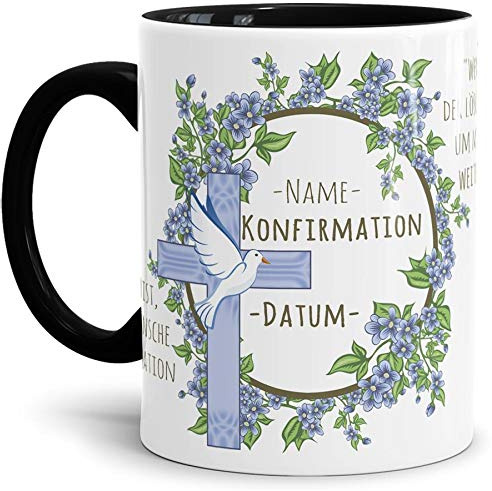 Tassendruck Geschenk-Tasse zur Konfirmation Blumenkranz mit Spruch - Personalisierbar/Erwachsen/Kind/Feier/Innen & Henkel Schwarz