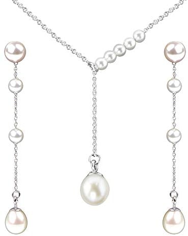 Nagel Jewellery Anhänger Perle mit Kette und Ohrstecker | raffinierte Größenverstellung | Süßwasserperle an Silberkette 40 + 5 cm | 925 Sterling Silber