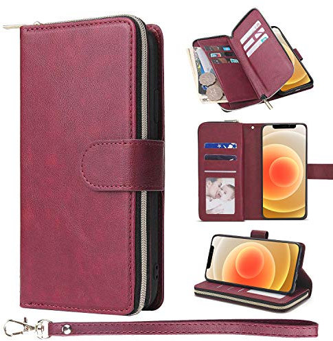 ZCDAYE Case for iPhone 12 Mini,iPhone 12 Mini Cover,Premium [large space][zip compartment] Folio PU Leather Flip Case Cover with 9 Card Slots Kickstand for iPhone 12 Mini(5.4 inch)-Red