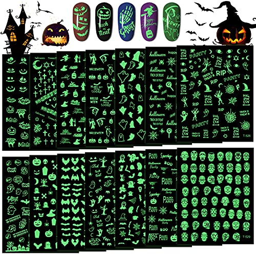 14 Sheets Halloween Luminous Nail Art Stickers, EBANKU Glow in Dark 3D Self Adhesive Halloween Pumpkin Spider Skull Bat Nail Stickers, DIY Manicure Decals for Halloween Nail Art Decoration
